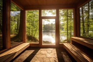 A room looking out to a lake