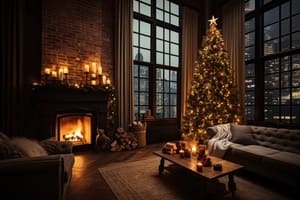A living room with a lit tree