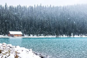 A cabin on Lake Louise in the snow